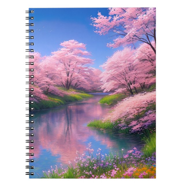 River Embraced by Sakura Trees Charm Notebook (Front)