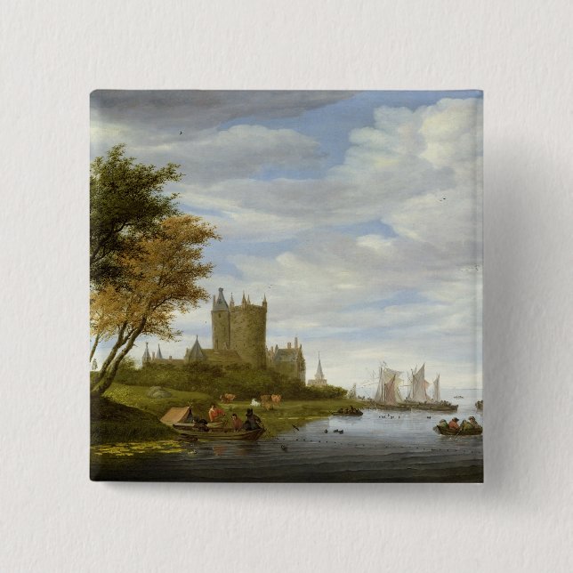 River Estuary with a castle 15 Cm Square Badge (Front)