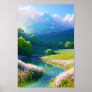 River, Flowers, and Cloudy Mountains Poster