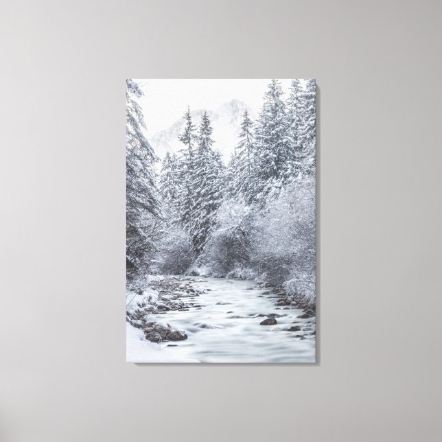 River flowin through snowy winter forest Mojstrana Canvas Print (Front)