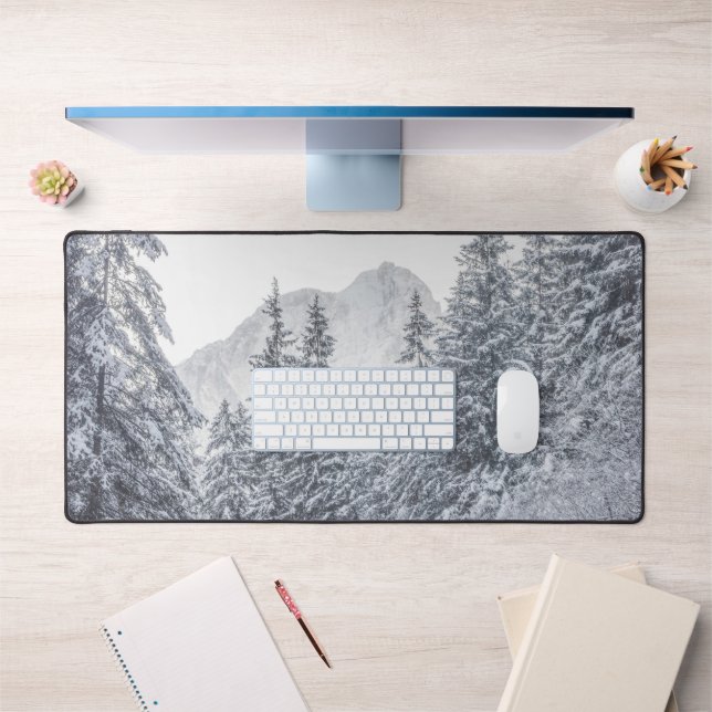 River flowin through snowy winter forest Mojstrana Desk Mat (Office 1)