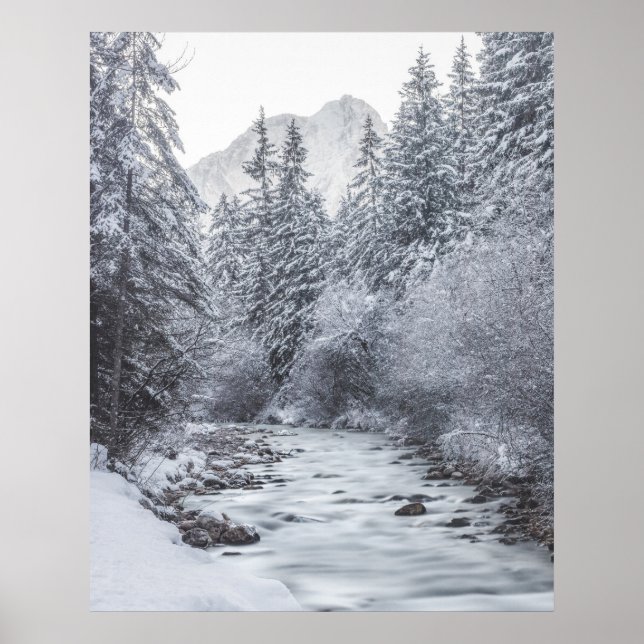 River flowin through snowy winter forest Mojstrana Poster (Front)