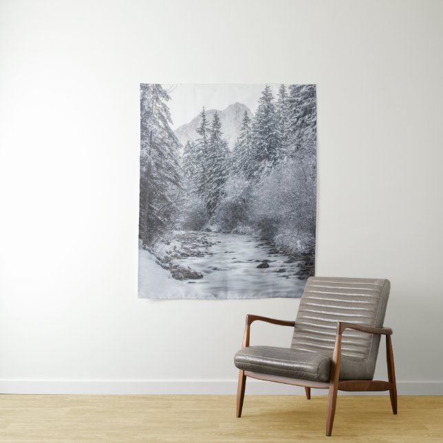 River flowin through snowy winter forest Mojstrana Tapestry (In Situ)