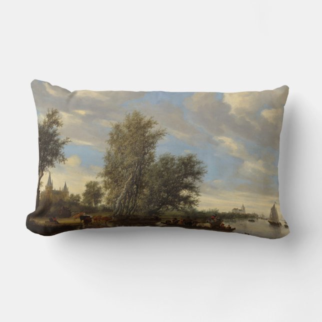 River Landscape with Ferry, 1649 (oil on canvas) Lumbar Cushion (Front)
