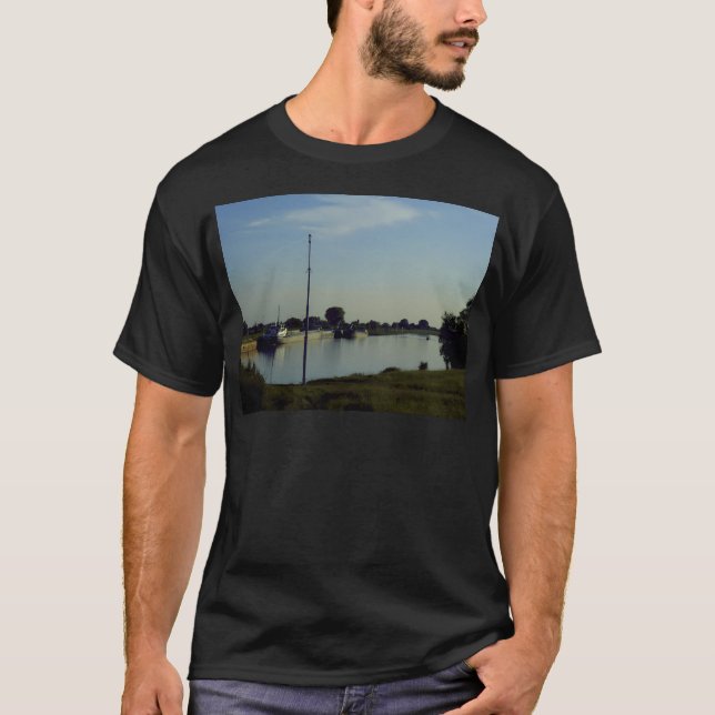 River Landscape With Ships In Summer. Photography. T-Shirt (Front)