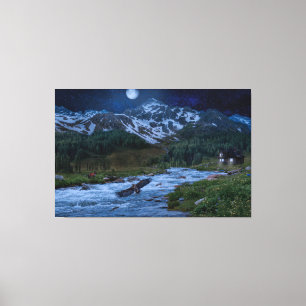 River , Mountain and a Bird in Snow night Canvas Print