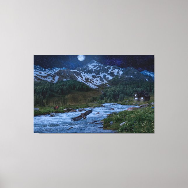 River , Mountain and a Bird in Snow night Canvas Print (Front)