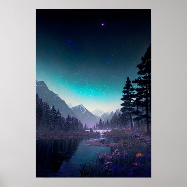River Nightfall: Forest, Flowers, and Stars Poster (Front)