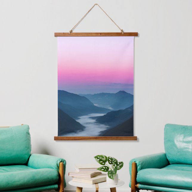 River of fog flowing through mountains at sunrise hanging tapestry (Living Room)