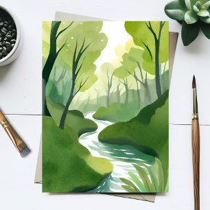 River of Green Forest Watercolor Painting Postcard