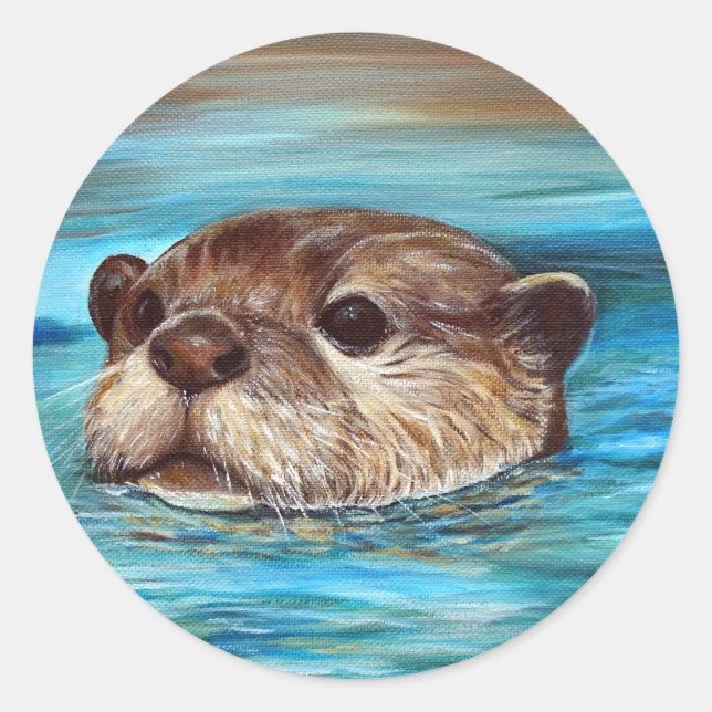 River Otter Painting Classic Round Sticker (Front)