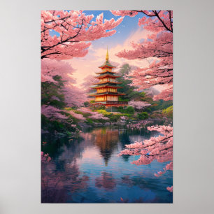 River, Pagoda and Cherry Blossom Poster