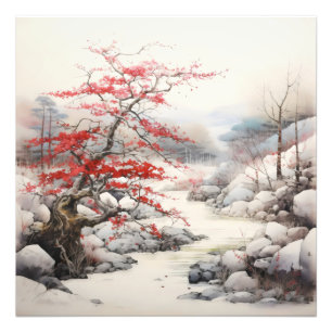 River Red Tree Ink Painting Photo Print