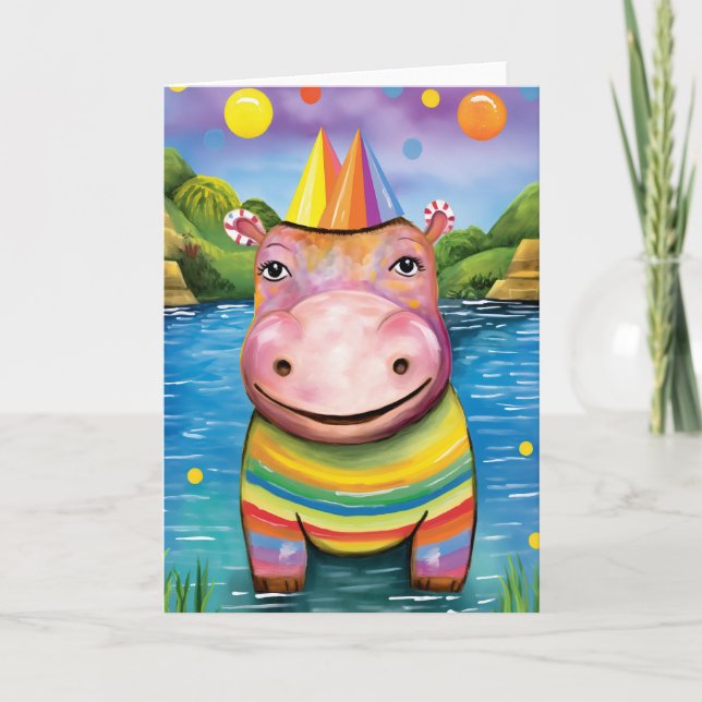 River Revels Hippo: Cute Kids Birthday Card (Front)