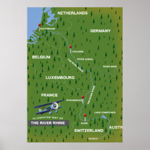 River Rhine retro travel map. Poster
