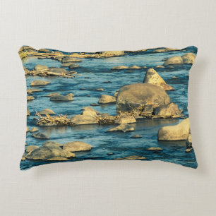 River rocks on the water with sunlight scenery decorative cushion