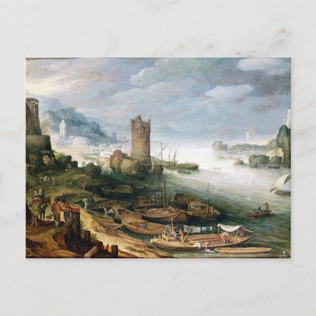 River Scene with a Ruined Tower Postcard (Front)