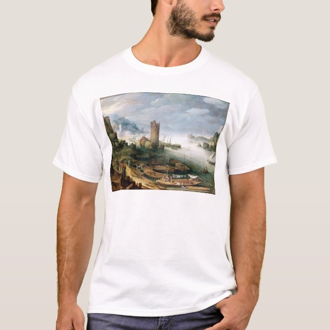 River Scene with a Ruined Tower T-Shirt (Front)