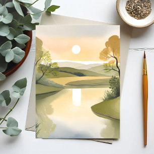 River Sunrise   Watercolor Yellow Postcard