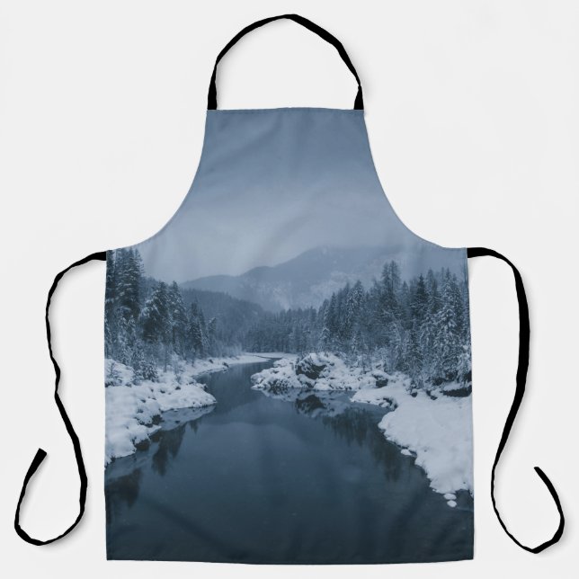 RIVER SURROUNDED BY SNOW COVERED FIELD WITH PINE T APRON (Front)