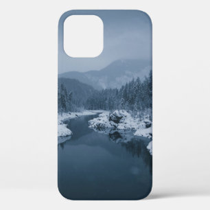RIVER SURROUNDED BY SNOW COVERED FIELD WITH PINE T iPhone 12 CASE