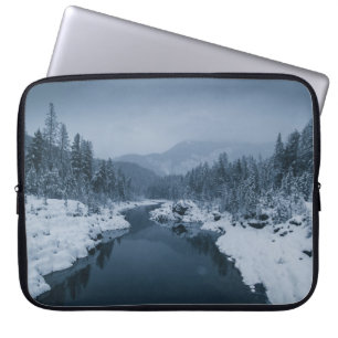 RIVER SURROUNDED BY SNOW COVERED FIELD WITH PINE T LAPTOP SLEEVE