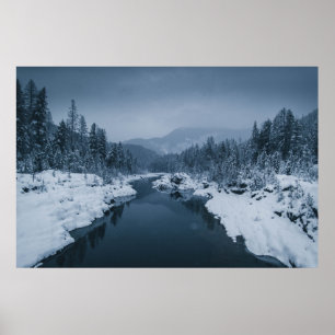 RIVER SURROUNDED BY SNOW COVERED FIELD WITH PINE T POSTER