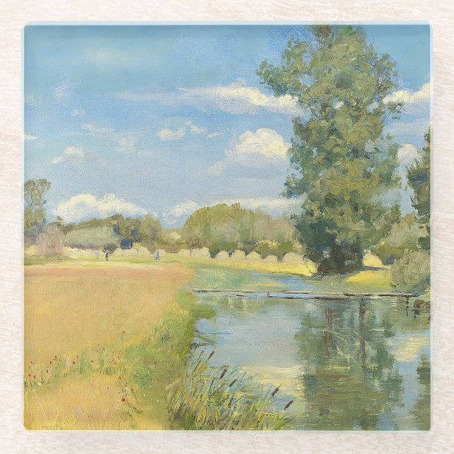River Through a Harvest Landscape, Summer Glass Coaster (Front)