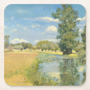 River Through a Harvest Landscape, Summer Square Paper Coaster