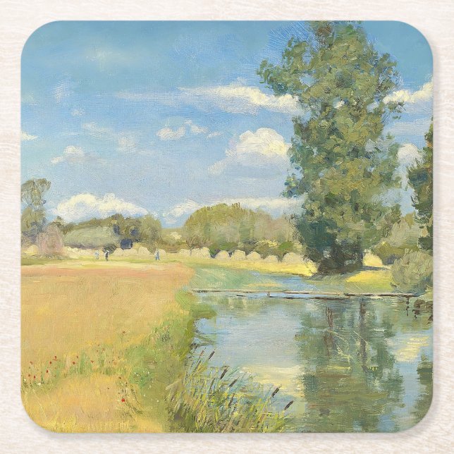 River Through a Harvest Landscape, Summer Square Paper Coaster (Front)