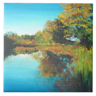 River Trees Fall Landscape Fine Art Ceramic Tile
