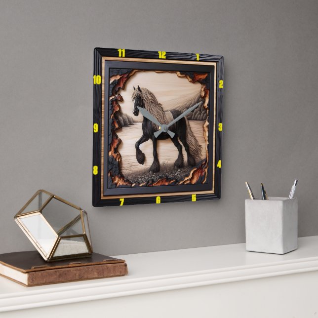 Riverbank Grace: Charred Wood Gypsy Vanner  Square Wall Clock (Office)