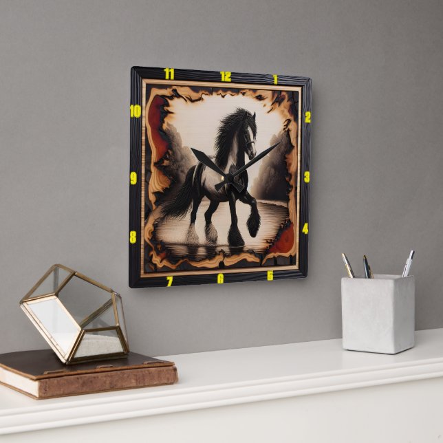 Riverbank Monochrome: Charred Wood Gypsy Vanner Square Wall Clock (Office)