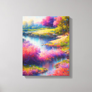 Riverbank with Vibrant Flowers Canvas Print
