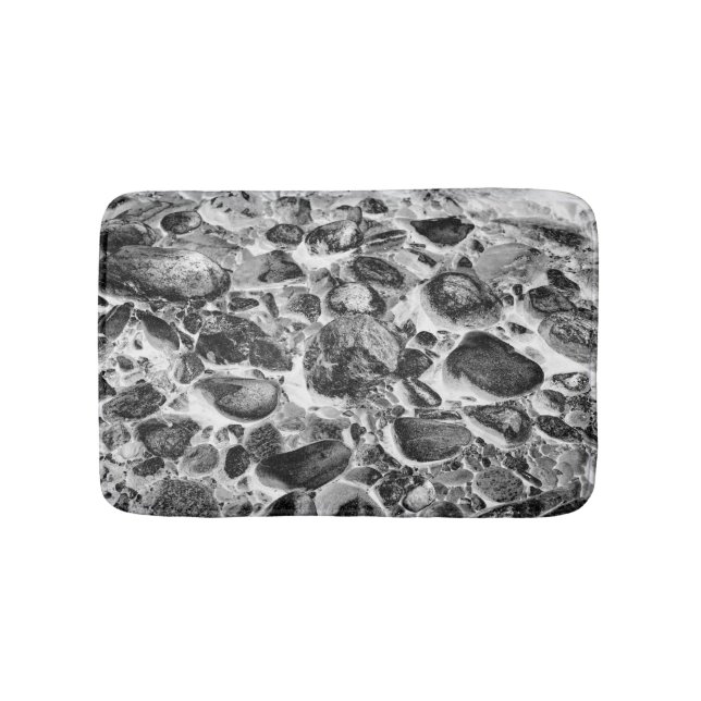 Riverbed Cobblestones and Water Black and White Bath Mat (Front)