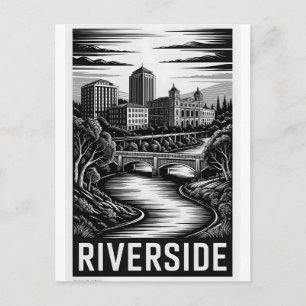 Riverside California Black White Woodcut Postcard