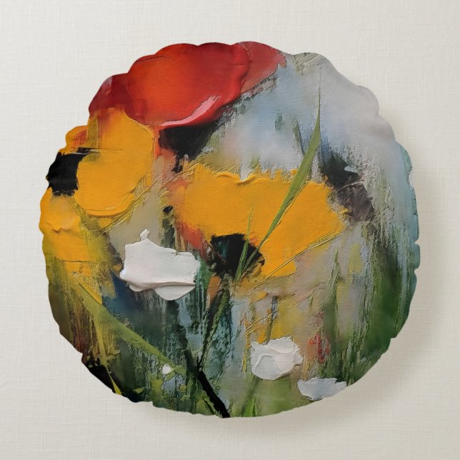 Riverside – Expressive Abstract Meadow Round Cushion (Front)