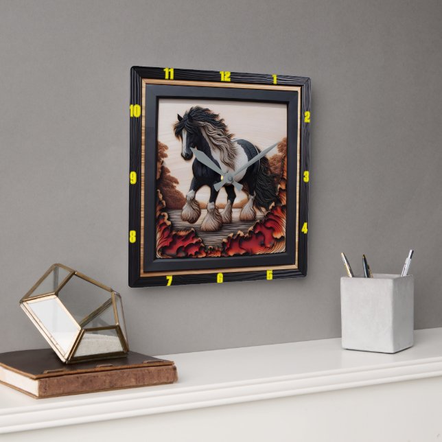 Riverside Grace: Charred Wood Gypsy Vanner Square Wall Clock (Office)