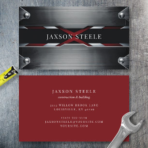 Riveted Brushed Metal and Red Business Business Card
