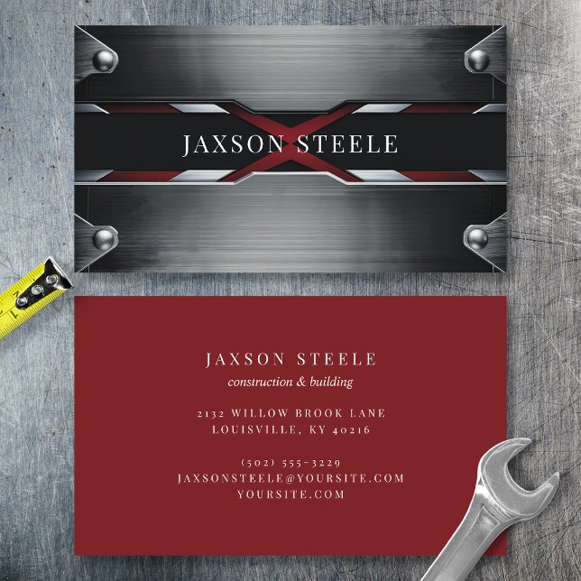 Riveted Brushed Metal and Red Business Card (Creator Uploaded)