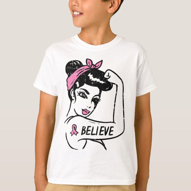 Riveter Believe Pink Ribbon Breast Cancer Awarenes T-Shirt (Front)