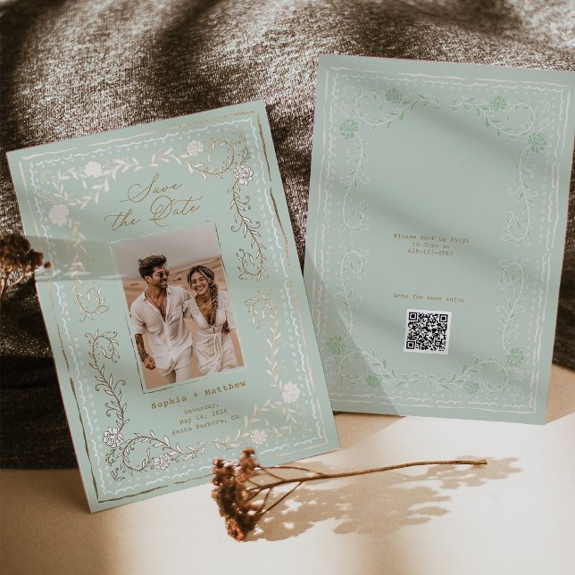 Riviera Floral Foil Save the Date Mint (Riviera Floral Foil Save the Date Mint Invitation)