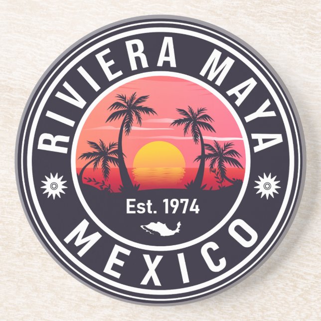 Riviera Maya Mexico Retro Sunset Palm Souvenirs Coaster (Front)