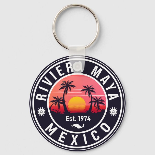 Riviera Maya Mexico Retro Sunset Souvenirs 60s Key Ring (Front)
