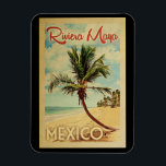 Riviera Maya Palm Tree Vintage Travel Magnet<br><div class="desc">A uniquely retro mid-century modern Riviera Maya Mexico art print in vintage travel poster style. It features a curved palm tree on sandy beach with ocean under a blue cloudy sky.</div>