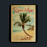 Riviera Maya Palm Tree Vintage Travel Magnet<br><div class="desc">A uniquely retro mid-century modern Riviera Maya Mexico art print in vintage travel poster style. It features a curved palm tree on sandy beach with ocean under a blue cloudy sky.</div>