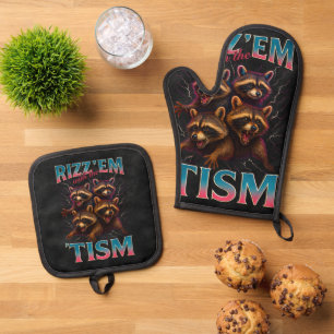 Rizz Em With The Tism Meme Autism Funny Racoon Oven Mitt & Pot Holder Set