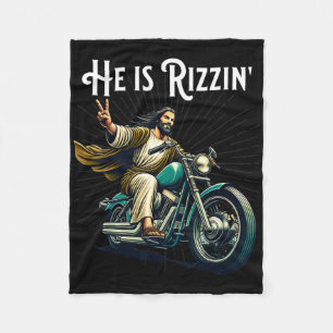 Rizzen Funny Rizz He Is Rizzin Jesus Riding Motorc Fleece Blanket