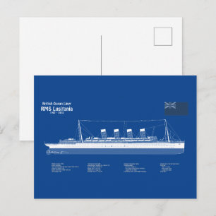 RMS Lusitania - Ship Blueprint Plans ABD Postcard