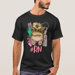 RN Blonde Messy Bun Straight Hair Glasses Leopard  T-Shirt